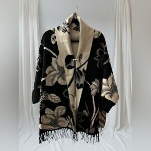 Black and Cream Floral Women's Sweater Poncho